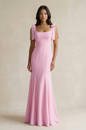 Square Neck Mermaid Bridesmaid Dress With Bow in Pink - KISS BRIDAL Bridesmaid Dresses