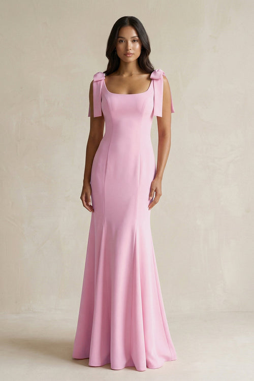 Square Neck Mermaid Bridesmaid Dress With Bow in Pink - KISS BRIDAL Bridesmaid Dresses