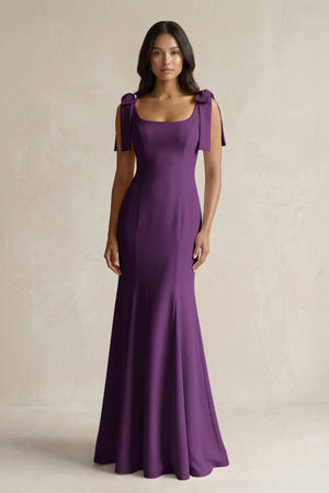 Square Neck Mermaid Bridesmaid Dress With Bow in Plum - KISS BRIDAL Bridesmaid Dresses