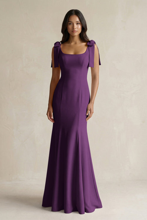 Square Neck Mermaid Bridesmaid Dress With Bow in Plum - KISS BRIDAL Bridesmaid Dresses