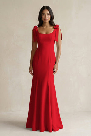 Square Neck Mermaid Bridesmaid Dress With Bow in Ruby Red - KISS BRIDAL Bridesmaid Dresses
