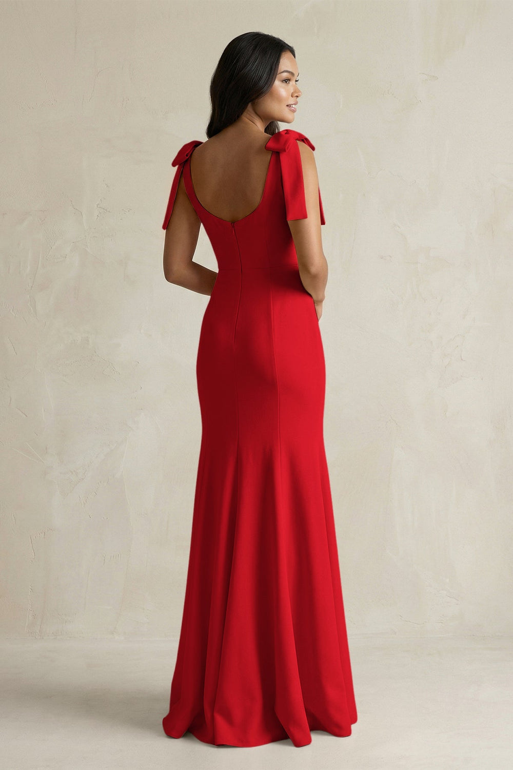 Square Neck Mermaid Bridesmaid Dress With Bow in Ruby Red - KISS BRIDAL Bridesmaid Dresses