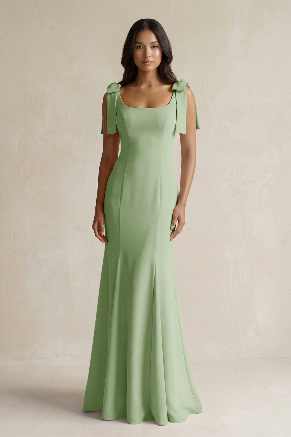 Square Neck Mermaid Bridesmaid Dress With Bow in Sage - KISS BRIDAL Bridesmaid Dresses