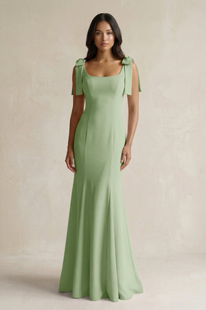 Square Neck Mermaid Bridesmaid Dress With Bow in Sage - KISS BRIDAL Bridesmaid Dresses