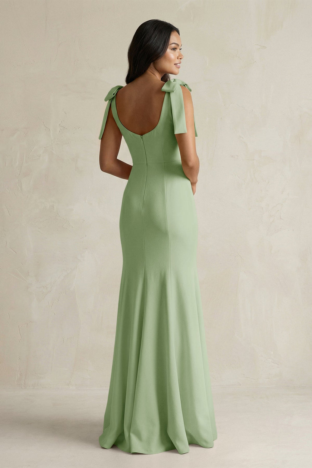 Square Neck Mermaid Bridesmaid Dress With Bow in Sage - KISS BRIDAL Bridesmaid Dresses