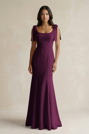 Square Neck Mermaid Bridesmaid Dress With Bow in Sangria - KISS BRIDAL Bridesmaid Dresses