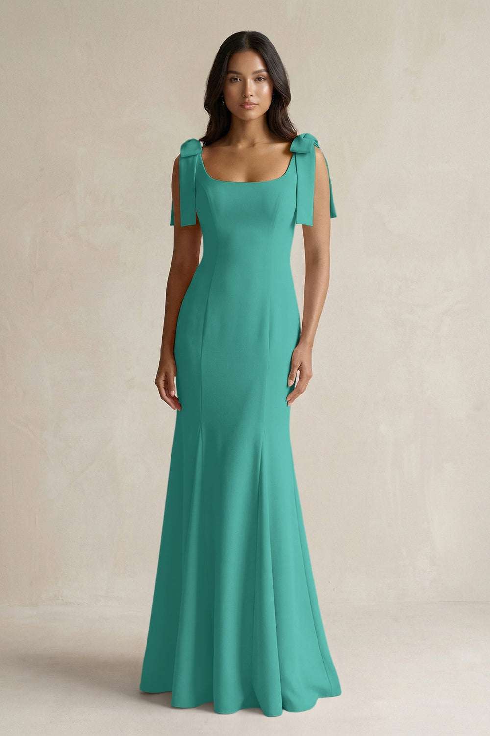 Square Neck Mermaid Bridesmaid Dress With Bow in Sea Glass - KISS BRIDAL Bridesmaid Dresses
