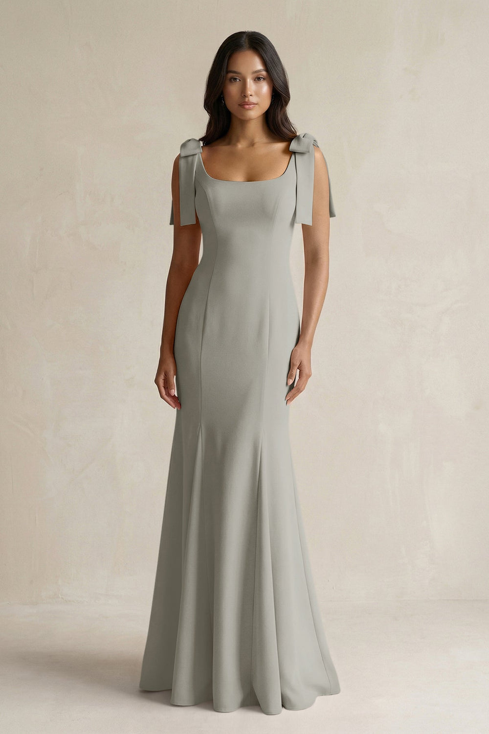 Square Neck Mermaid Bridesmaid Dress With Bow in Silver - KISS BRIDAL Bridesmaid Dresses