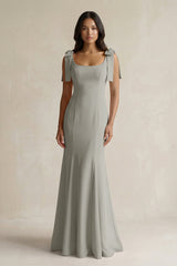 Square Neck Mermaid Bridesmaid Dress With Bow in Silver - KISS BRIDAL Bridesmaid Dresses