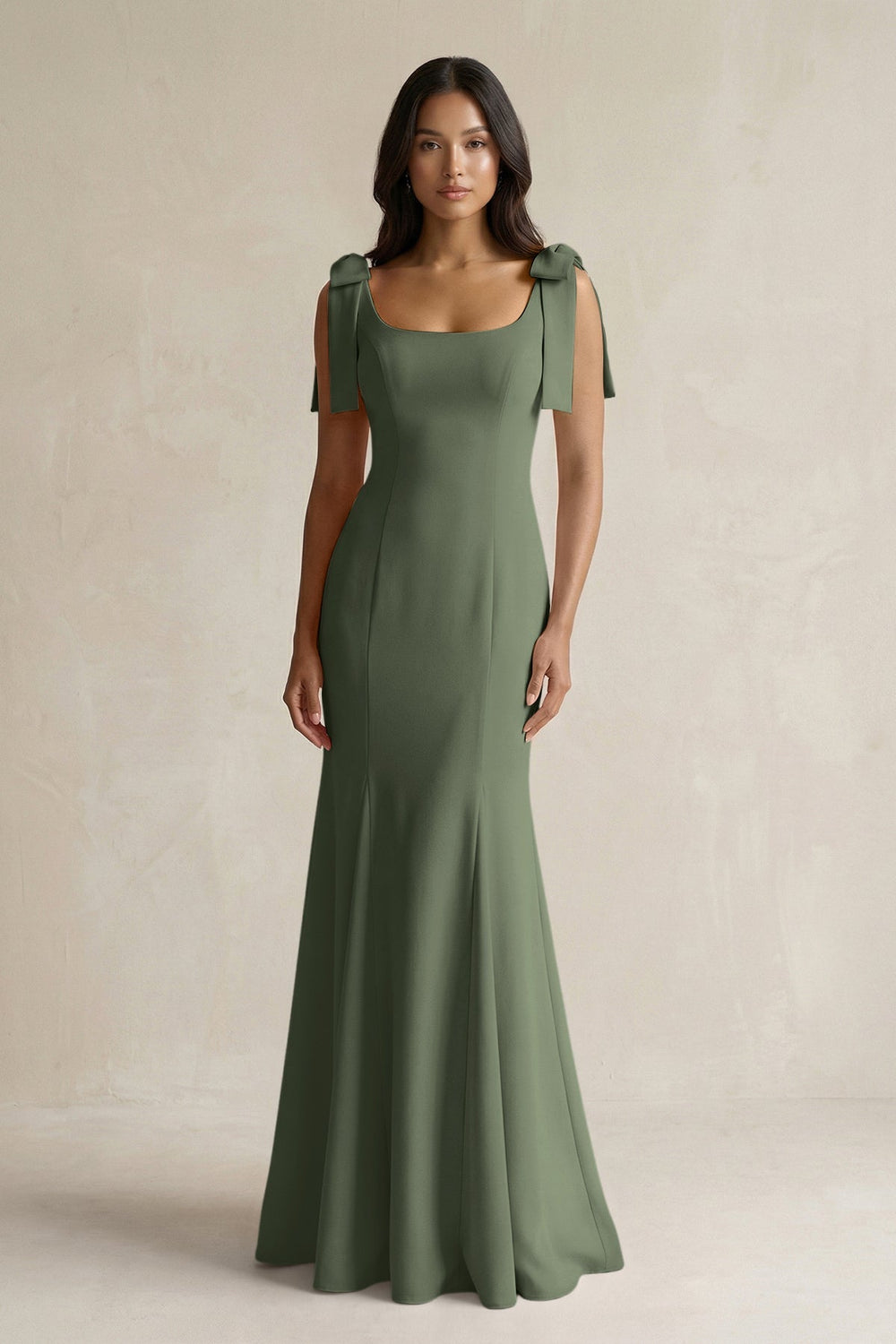 Square Neck Mermaid Bridesmaid Dress With Bow in Thyme - KISS BRIDAL Bridesmaid Dresses
