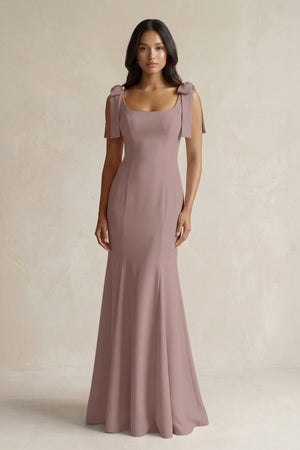 Square Neck Mermaid Bridesmaid Dress With Bow in Toffee - KISS BRIDAL Bridesmaid Dresses