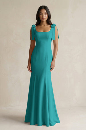 Square Neck Mermaid Bridesmaid Dress With Bow in Turquoise - KISS BRIDAL Bridesmaid Dresses