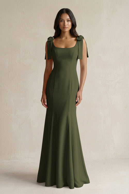 Square Neck Mermaid Bridesmaid Dress With Bow in Willow Green - KISS BRIDAL Bridesmaid Dresses