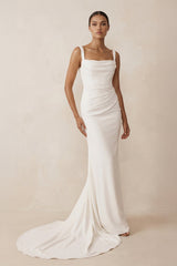 Square Neck Mermaid Satin Corset Wedding Dress in White - KISS BRIDAL Wedding Dresses