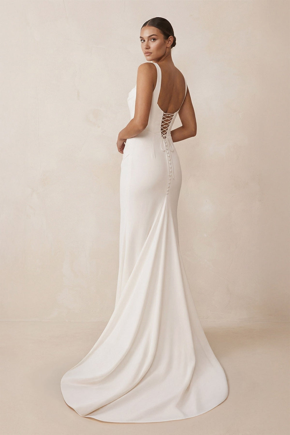 Square Neck Mermaid Satin Corset Wedding Dress in White - KISS BRIDAL Wedding Dresses