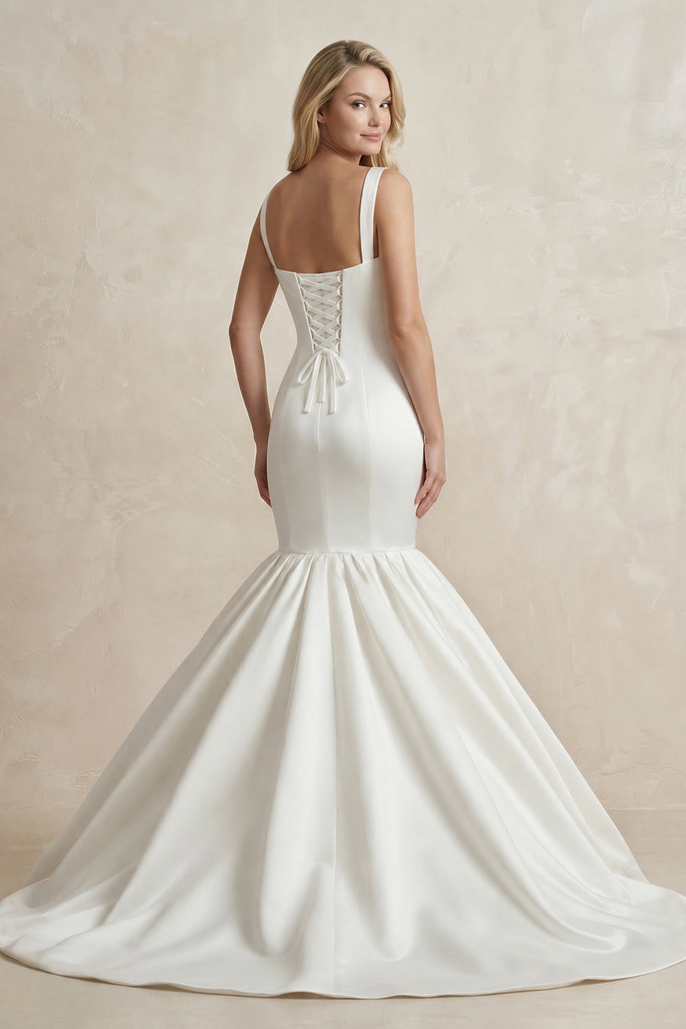 Square Neck Mermaid Satin Wedding Dress in White - KISS BRIDAL Wedding Dresses