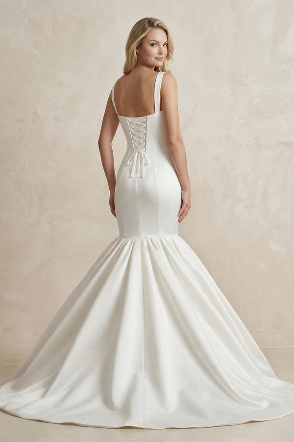 Square Neck Mermaid Satin Wedding Dress in White - KISS BRIDAL Wedding Dresses