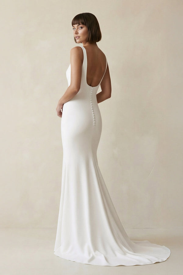 Square Neck Mermaid Satin Wedding Dress in White - KISS BRIDAL Wedding Dresses