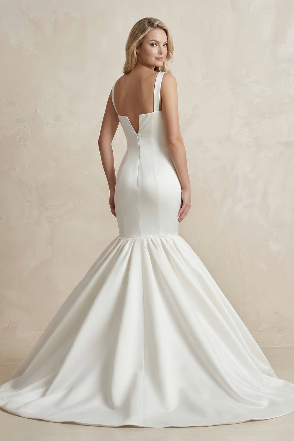 Square Neck Mermaid Satin Wedding Dress in White - KISS BRIDAL Wedding Dresses