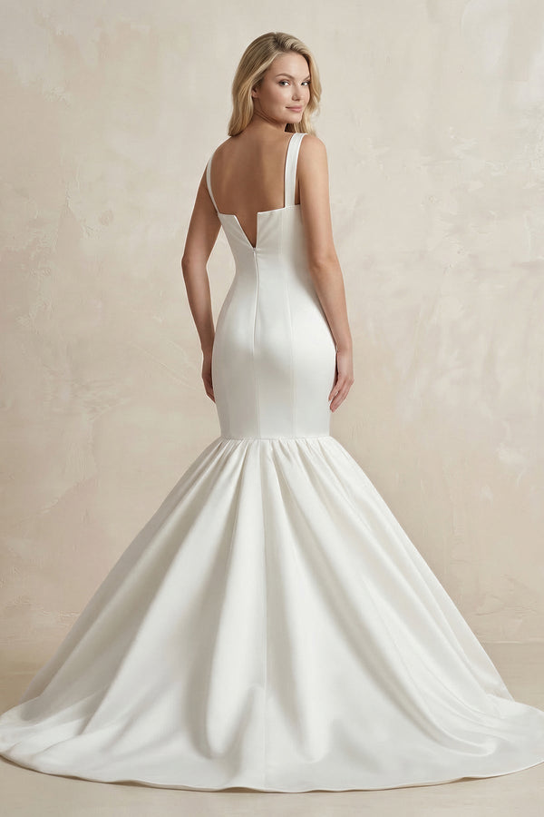 Square Neck Mermaid Satin Wedding Dress in White - SHE IS ME Wedding Dresses