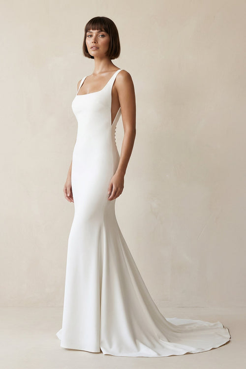 Square Neck Mermaid Satin Wedding Dress in White - KISS BRIDAL Wedding Dresses