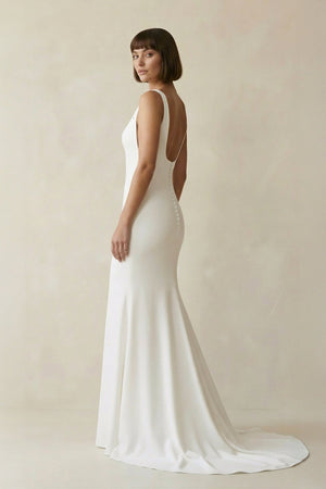 Square Neck Mermaid Satin Wedding Dress in White - KISS BRIDAL Wedding Dresses