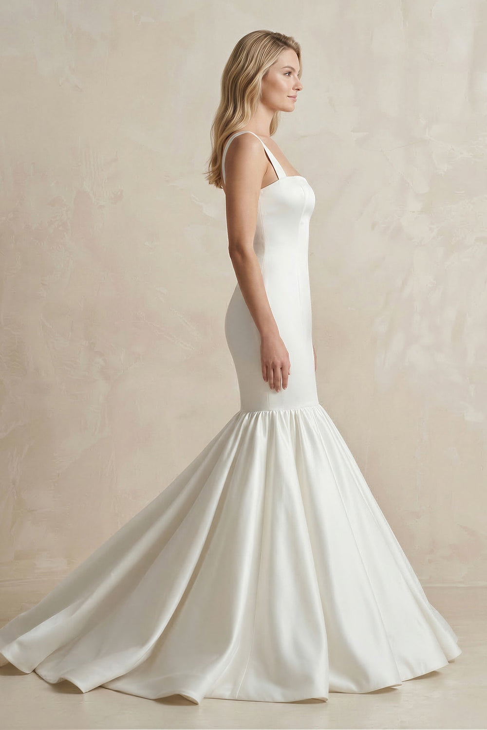 Square Neck Mermaid Satin Wedding Dress in White - KISS BRIDAL Wedding Dresses