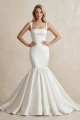 Square Neck Mermaid Satin Wedding Dress in White - KISS BRIDAL Wedding Dresses