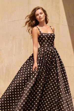 Square Neck Polka Dot Backless Gown in Black - SHE IS ME