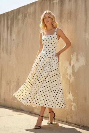 Square Neck Polka Dot Midi Dress in Ivory - SHE IS ME