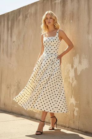 Square Neck Polka Dot Midi Dress in Ivory - SHE IS ME