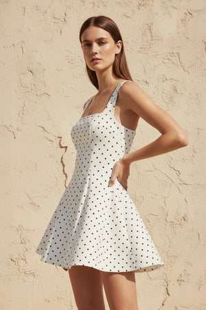Square Neck Polka Dot Mini Dress in White - SHE IS ME