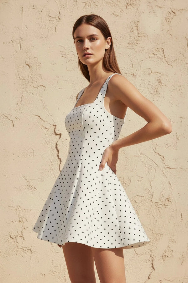 Square Neck Polka Dot Mini Dress in White - SHE IS ME