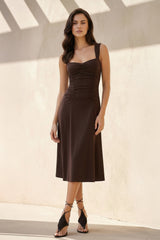 Square Neck Ruched Midi Dress in Brown - KISSBRIDAL