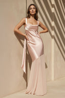 Square Neck Ruched Satin Maxi Dress in Pink - KISS BRIDAL