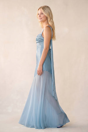 Square Neck Ruched Satin Maxi Dress in Sky Blue