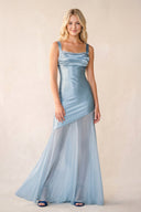 Square Neck Ruched Satin Maxi Wedding Guest Dress in Sky Blue - KISSBRIDAL