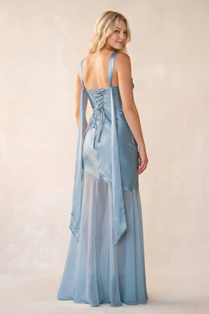 Square Neck Ruched Satin Maxi Dress in Sky Blue