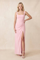 Square Neck Ruched Sheath Chiffon Maxi Dress with Slit in Candy Pink - SHE IS ME Dresses