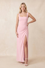 Square Neck Ruched Sheath Chiffon Maxi Dress with Slit in Candy Pink - KISS BRIDAL