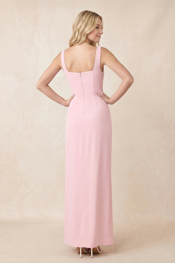 Square Neck Ruched Sheath Chiffon Maxi Dress with Slit in Candy Pink - SHE IS ME Dresses