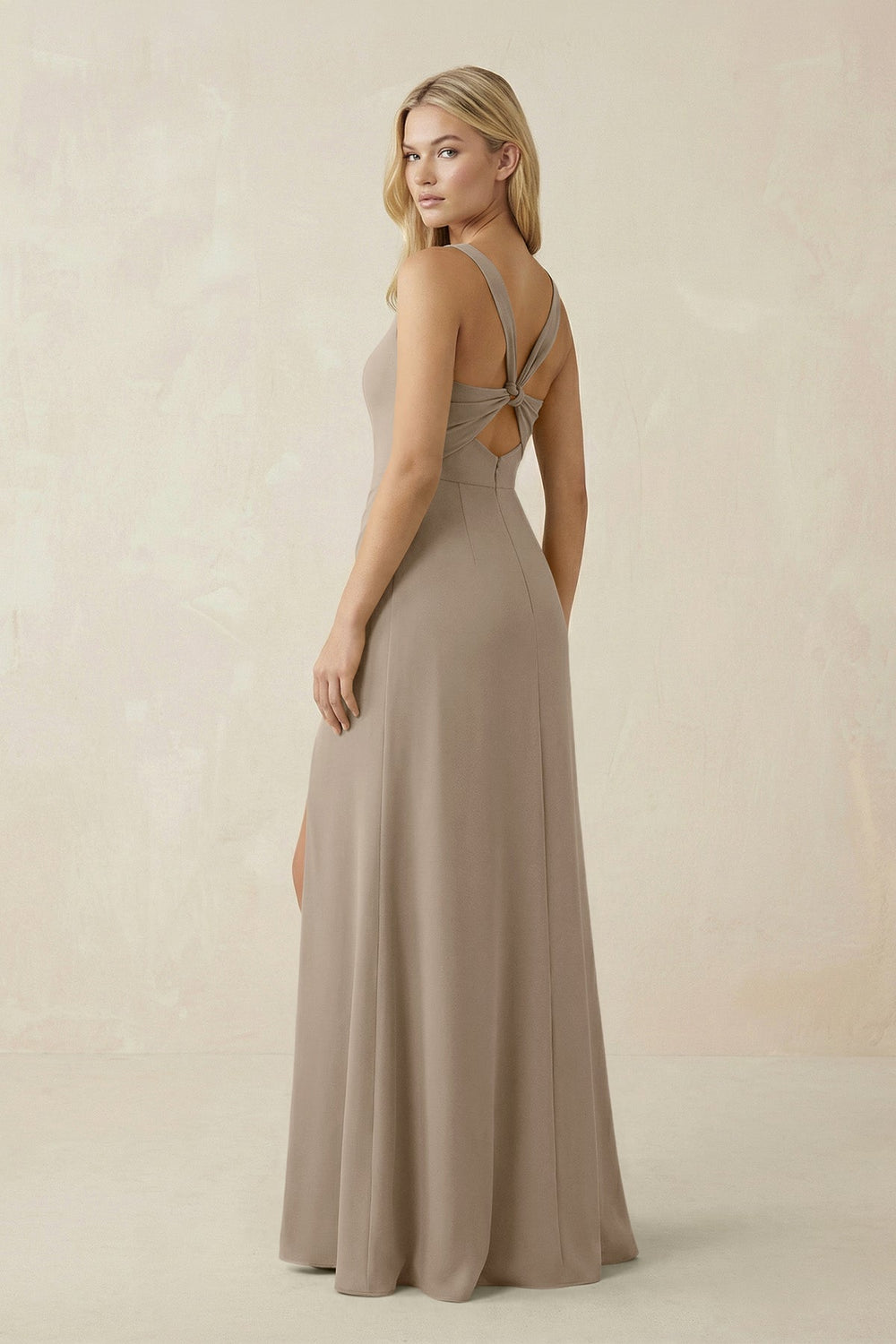 Square Neck Ruched Sheath Satin Bridesmaid Dress in Almond - KISS BRIDAL Bridesmaid Dresses