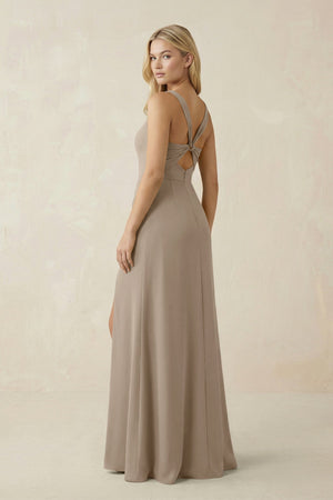 Square Neck Ruched Sheath Satin Bridesmaid Dress in Almond - KISS BRIDAL Bridesmaid Dresses