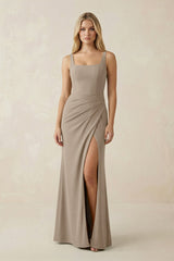 Square Neck Ruched Sheath Satin Bridesmaid Dress in Almond - KISS BRIDAL Bridesmaid Dresses