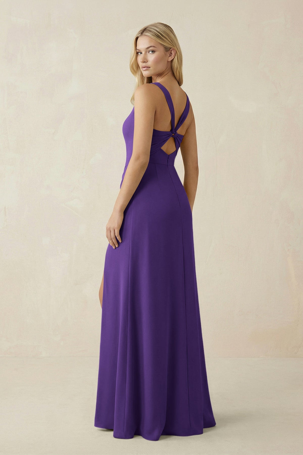 Square Neck Ruched Sheath Satin Bridesmaid Dress in Amethyst - SHE IS ME Bridesmaid Dresses