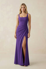 Square Neck Ruched Sheath Satin Bridesmaid Dress in Amethyst - KISS BRIDAL Bridesmaid Dresses