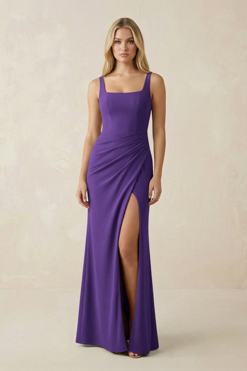 Square Neck Ruched Sheath Satin Bridesmaid Dress in Amethyst - SHE IS ME Bridesmaid Dresses