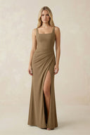 Square Neck Ruched Sheath Satin Bridesmaid Dress in Apple Cinnamon - SHE IS ME Bridesmaid Dresses