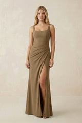 Square Neck Ruched Sheath Satin Bridesmaid Dress in Apple Cinnamon - KISS BRIDAL Bridesmaid Dresses
