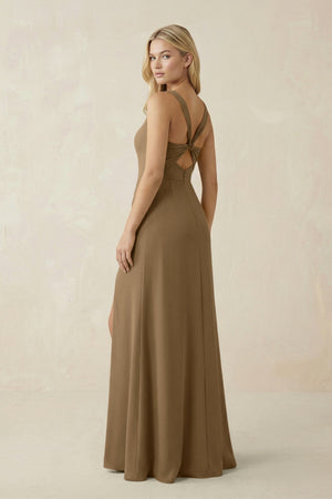Square Neck Ruched Sheath Satin Bridesmaid Dress in Apple Cinnamon - SHE IS ME Bridesmaid Dresses